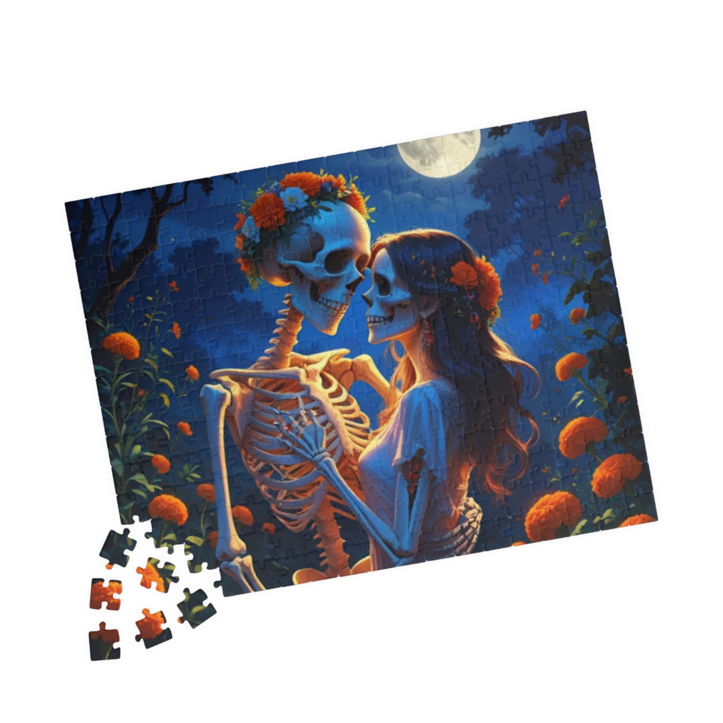 Day of the Dead Romantic Skeleton Jigsaw Puzzle — Moonlit Marigold 110–1014 pcs