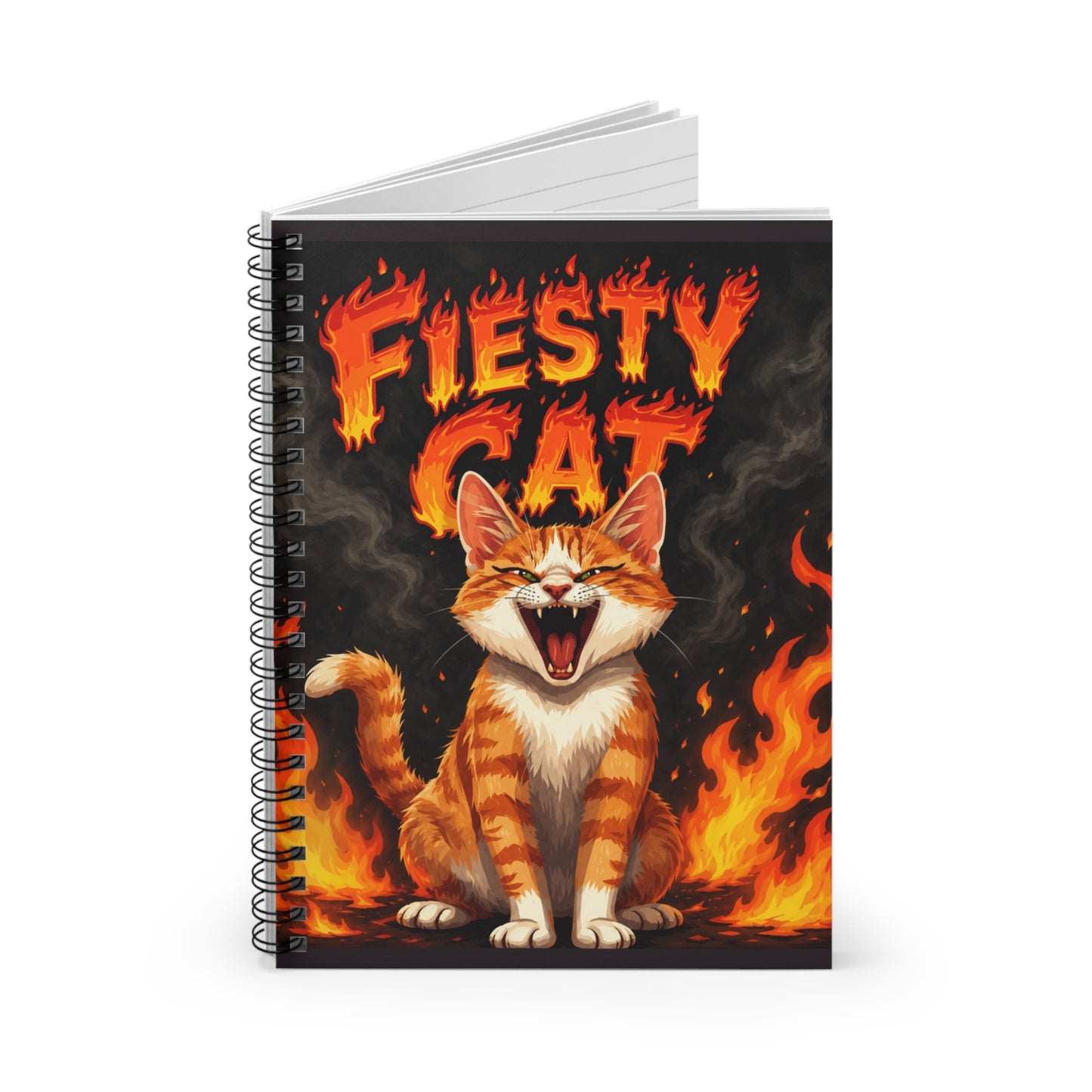 Fiesty Cat Spiral Notebook — Ruled Lined Journal with Fiery Cat Design