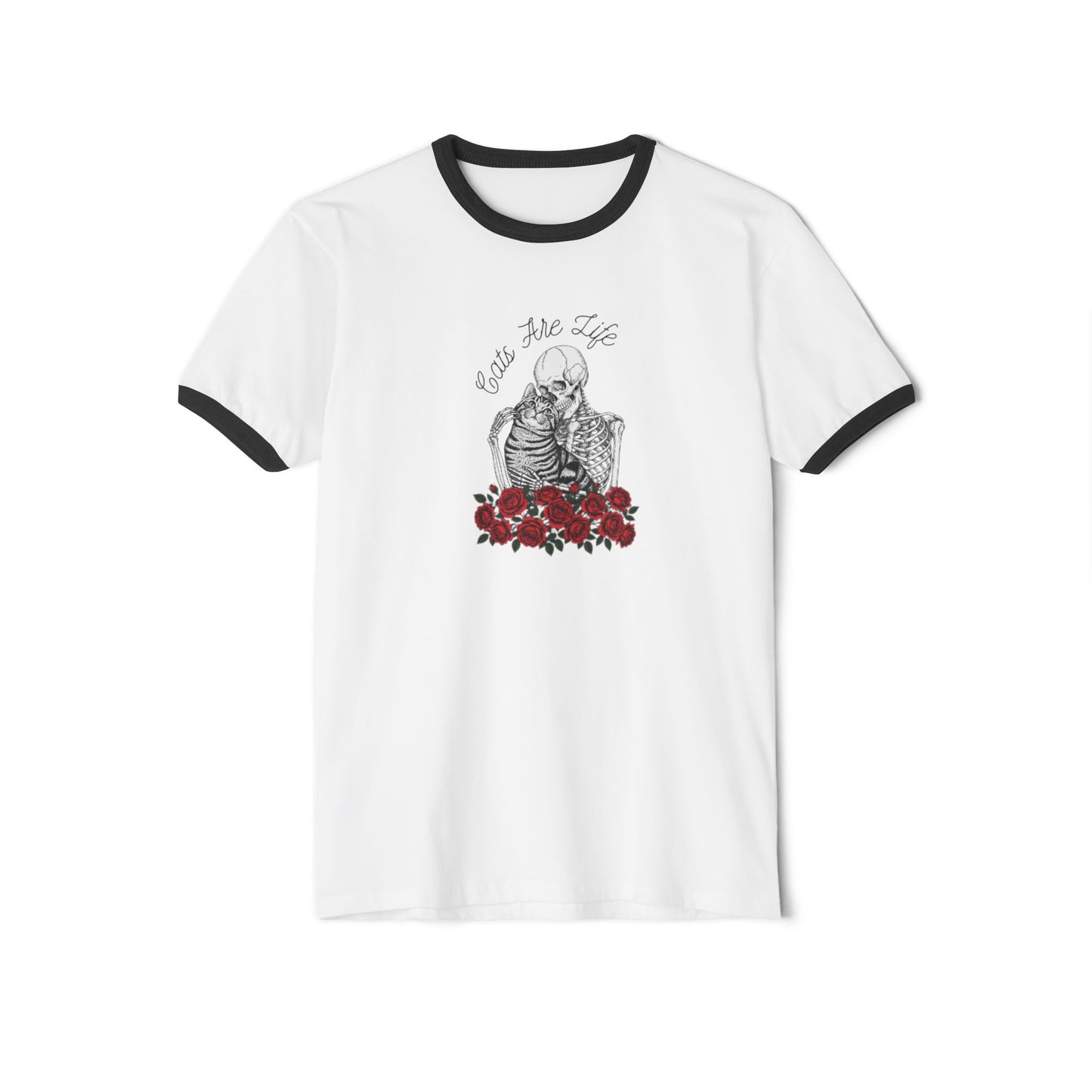Skeleton with Roses Ringer T-Shirt — 'Cats Are Life' Retro Goth Tee