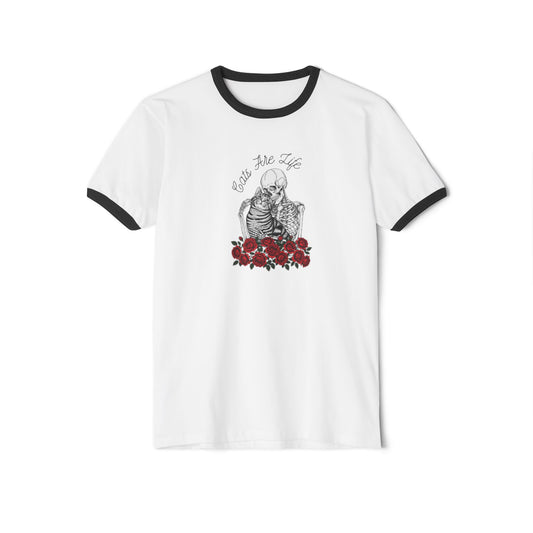 Skeleton with Roses Ringer T-Shirt — 'Cats Are Life' Retro Goth Tee