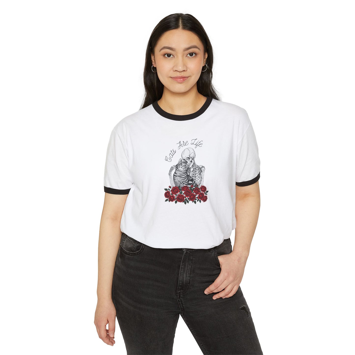 Skeleton with Roses Ringer T-Shirt — 'Cats Are Life' Retro Goth Tee