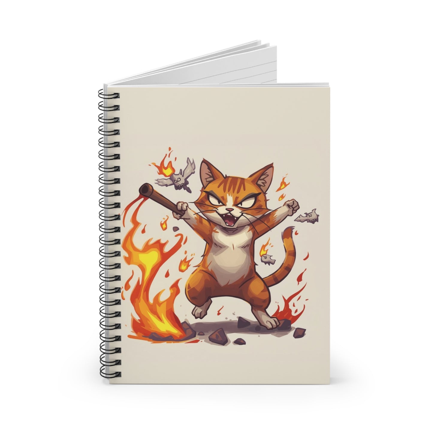 Fiery Battle Cat Spiral Notebook — Ruled Journal for Gamers & Cat Lovers