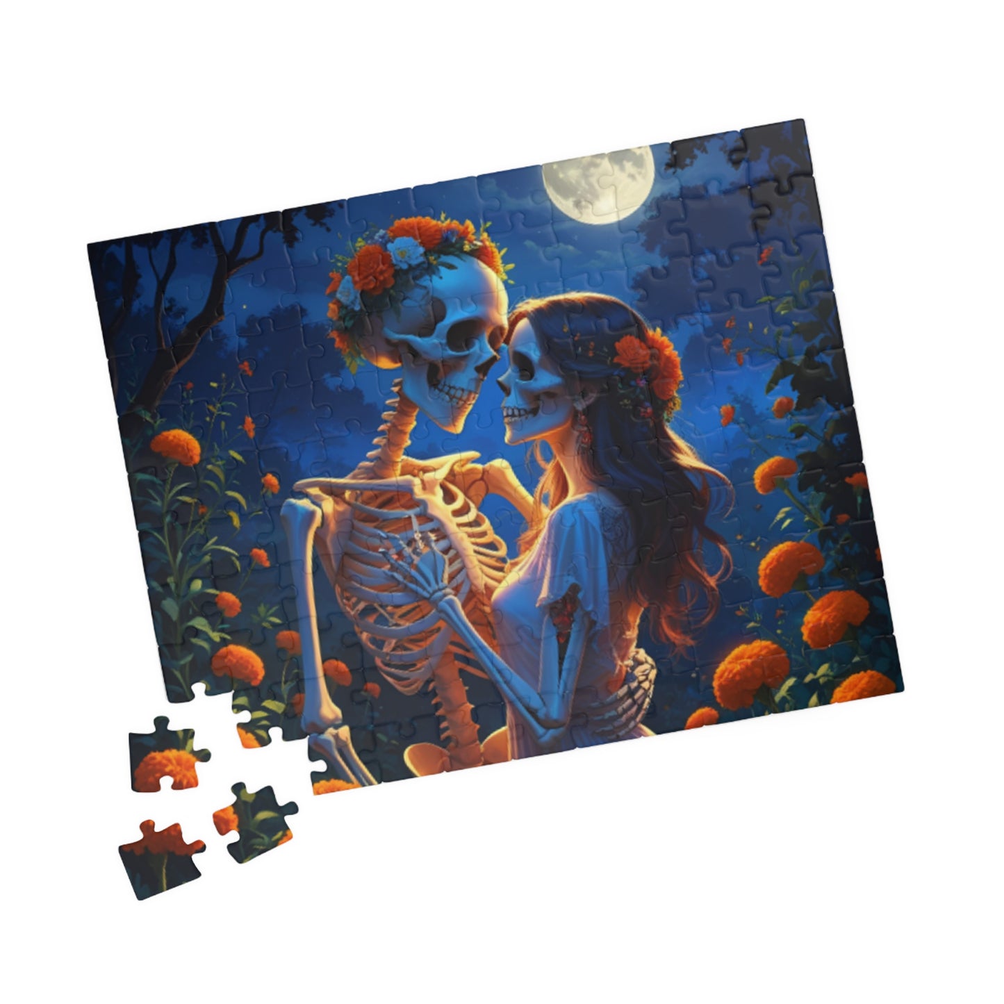 Day of the Dead Romantic Skeleton Jigsaw Puzzle — Moonlit Marigold 110–1014 pcs